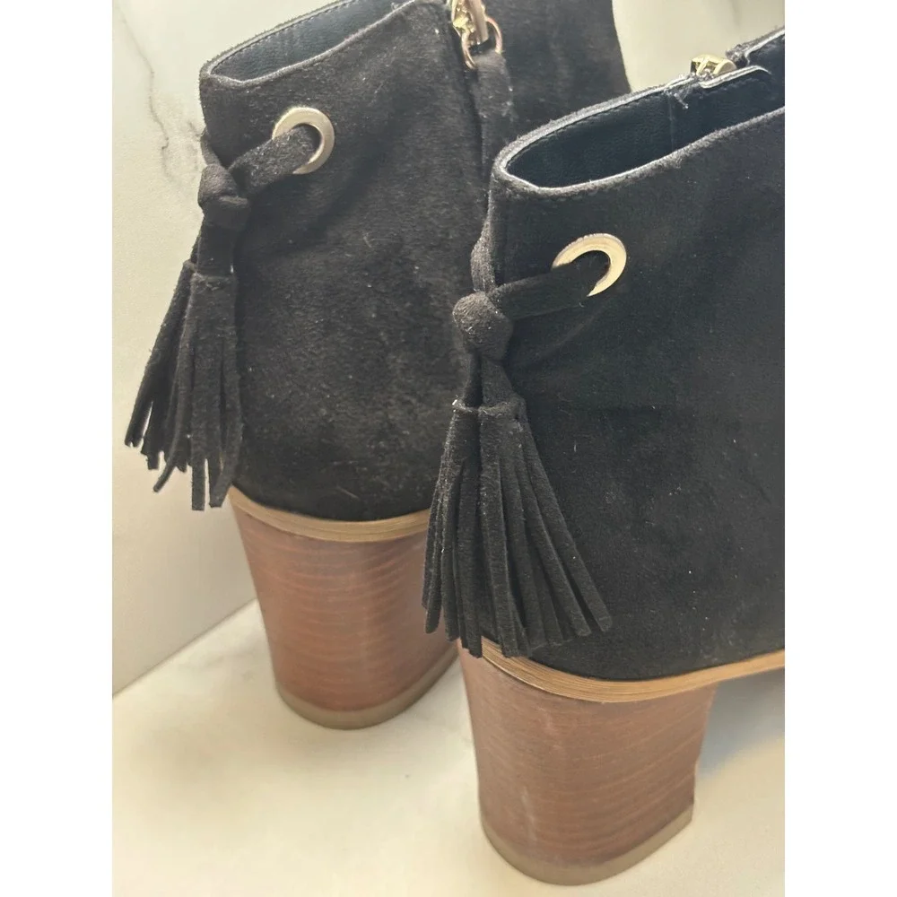 Dr Scholls Lewis Black Microsuede Tassel Block Heel Ankle Boots F9434F1001 8.5M